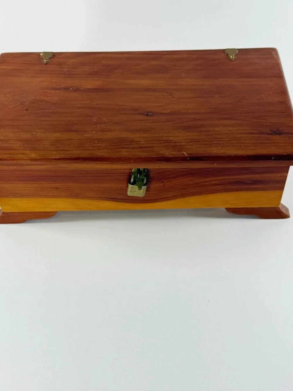 Vintage Wooden Cedar Jewelry Box With Red Velvet Lining Gold Hardware Lock